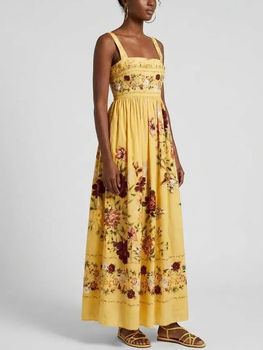 Yellow Floral Cotton Maxi Sundress with Appliqués - Dresses