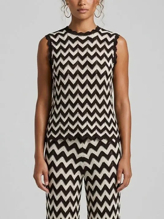Zigzag Knit Top and Pant Set in Black and White - Suits & Sets