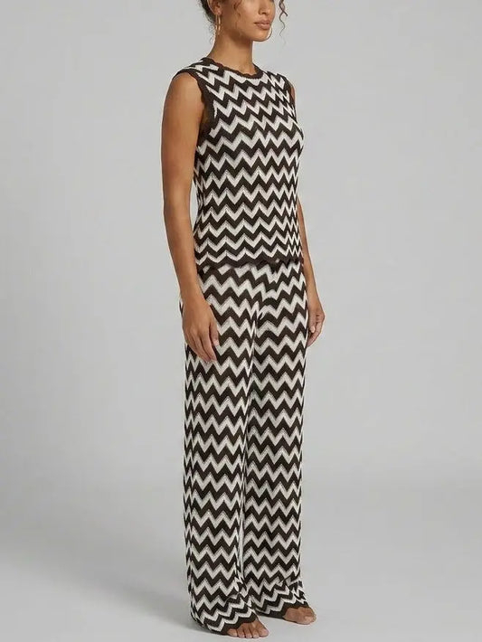 Zigzag Knit Top and Pant Set in Black and White - Suits & Sets