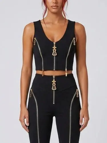 Zip-Detail Stretch Crop Top and Legging Set - Suits & Sets