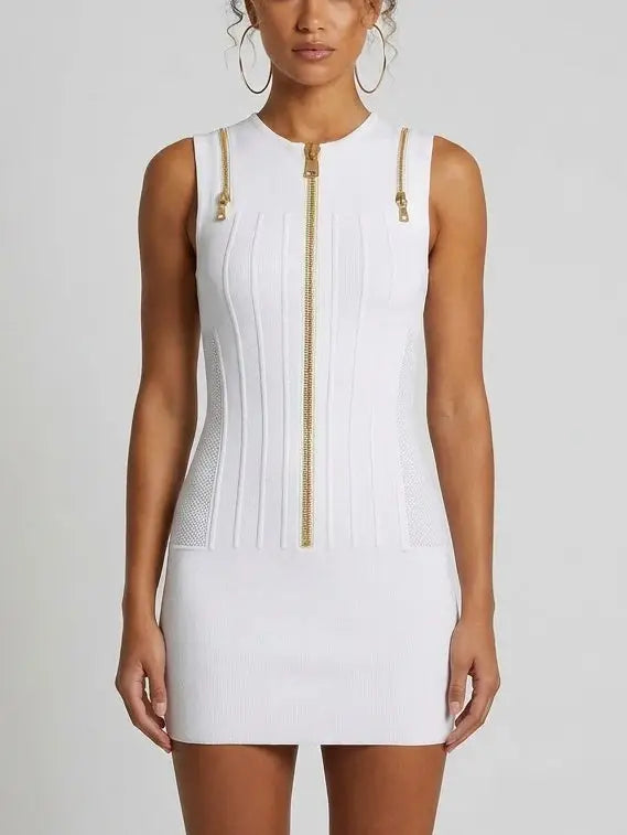 Zip-Front Panel Knit Mini Dress - Small / White - Dresses