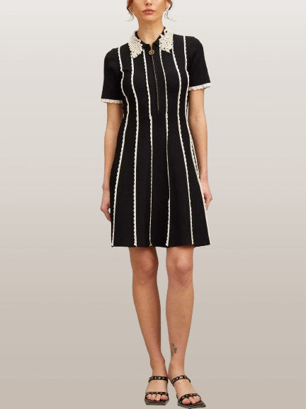 A-Line Bicolor Knit Stripe Zip-Front Dress - Dresses