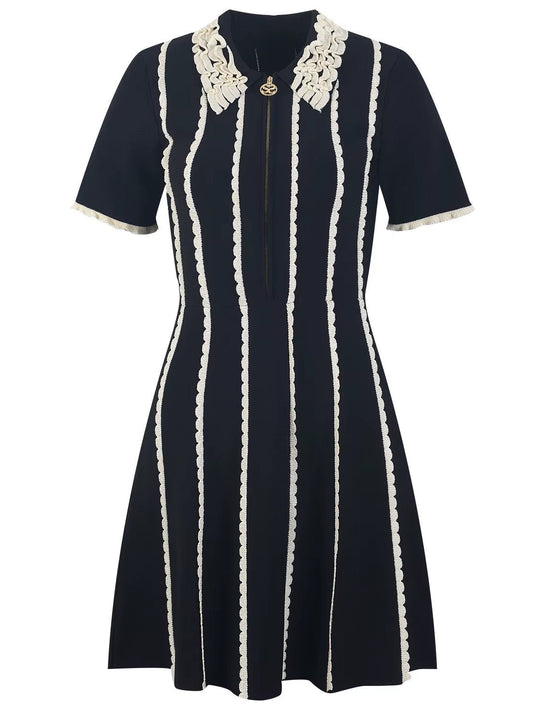 A-Line Bicolor Knit Stripe Zip-Front Dress - Dresses