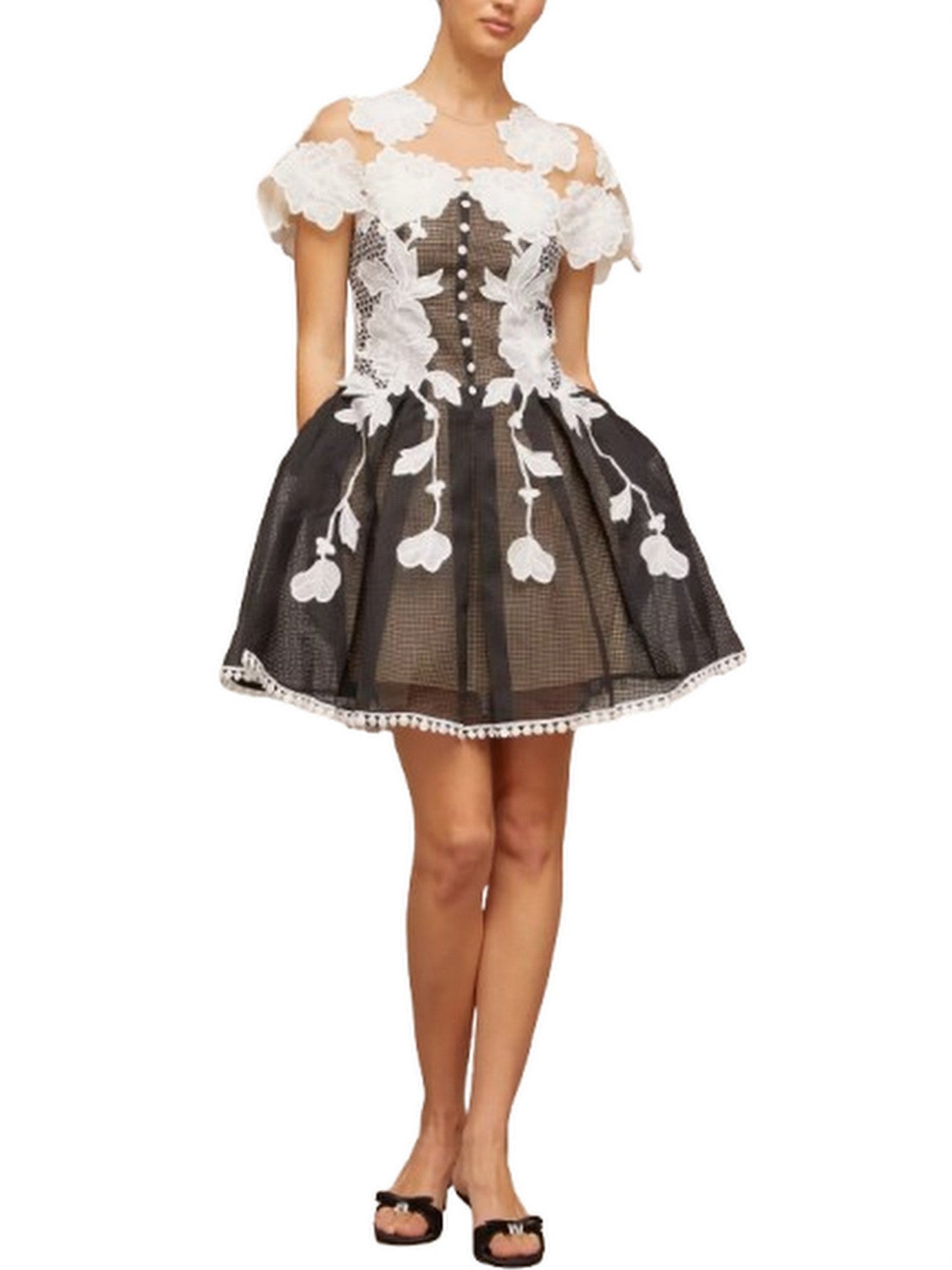 A-Line Black and White Floral-Embroidered Mesh Dress - Dresses