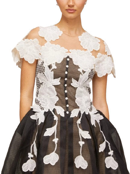A-Line Black and White Floral-Embroidered Mesh Dress - Dresses
