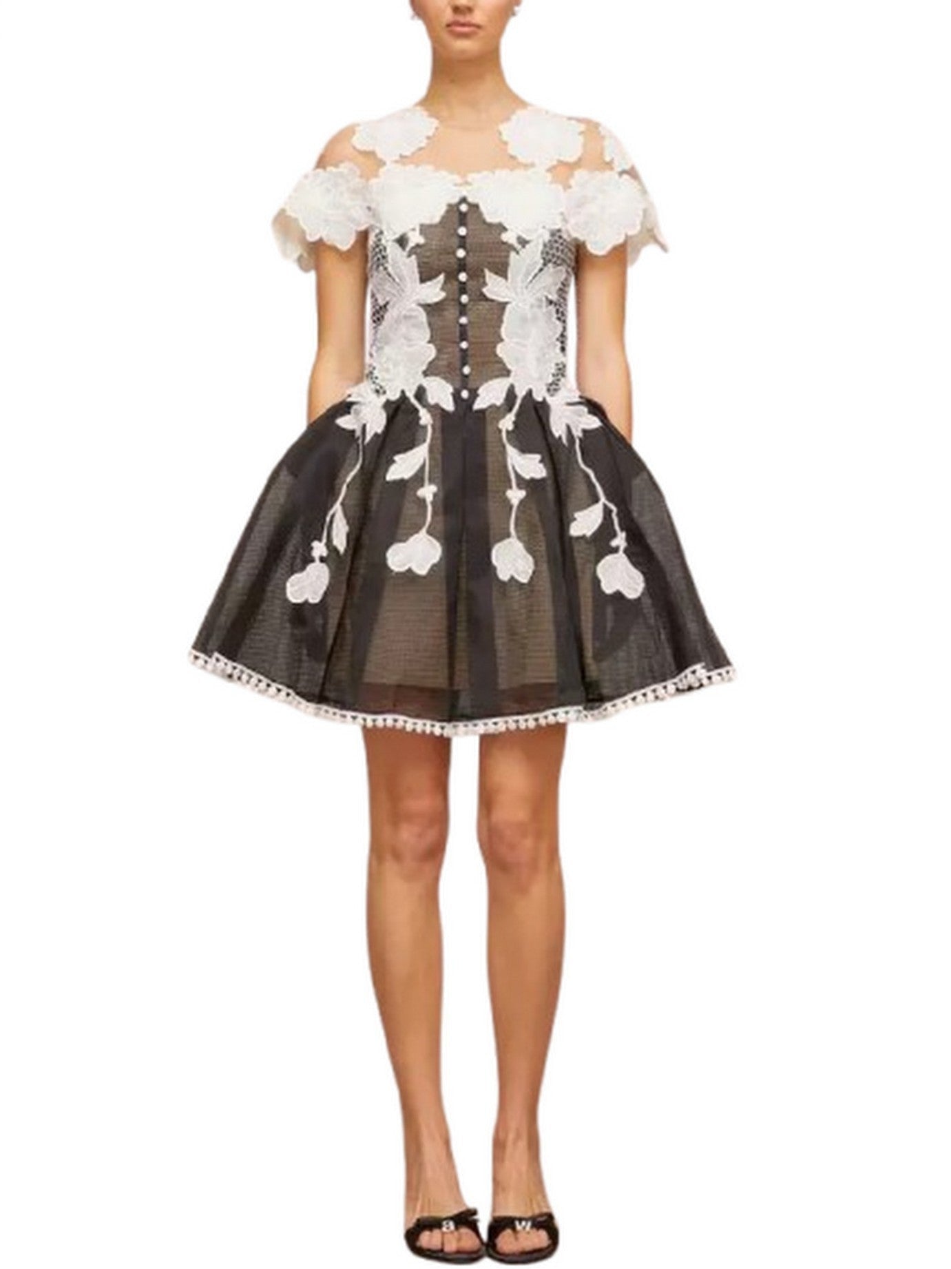 A-Line Black and White Floral-Embroidered Mesh Dress - Dresses