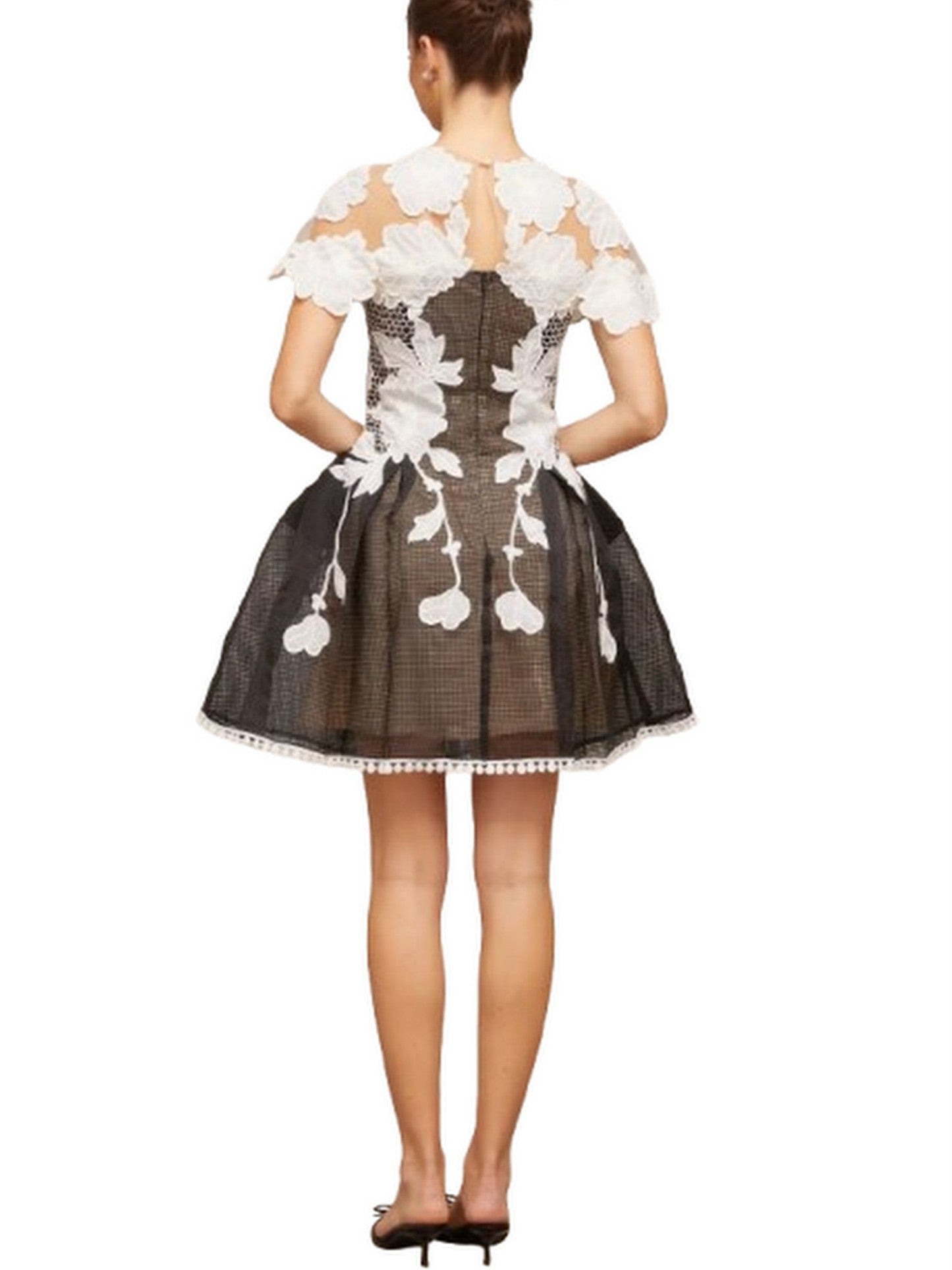 A-Line Black and White Floral-Embroidered Mesh Dress - Dresses