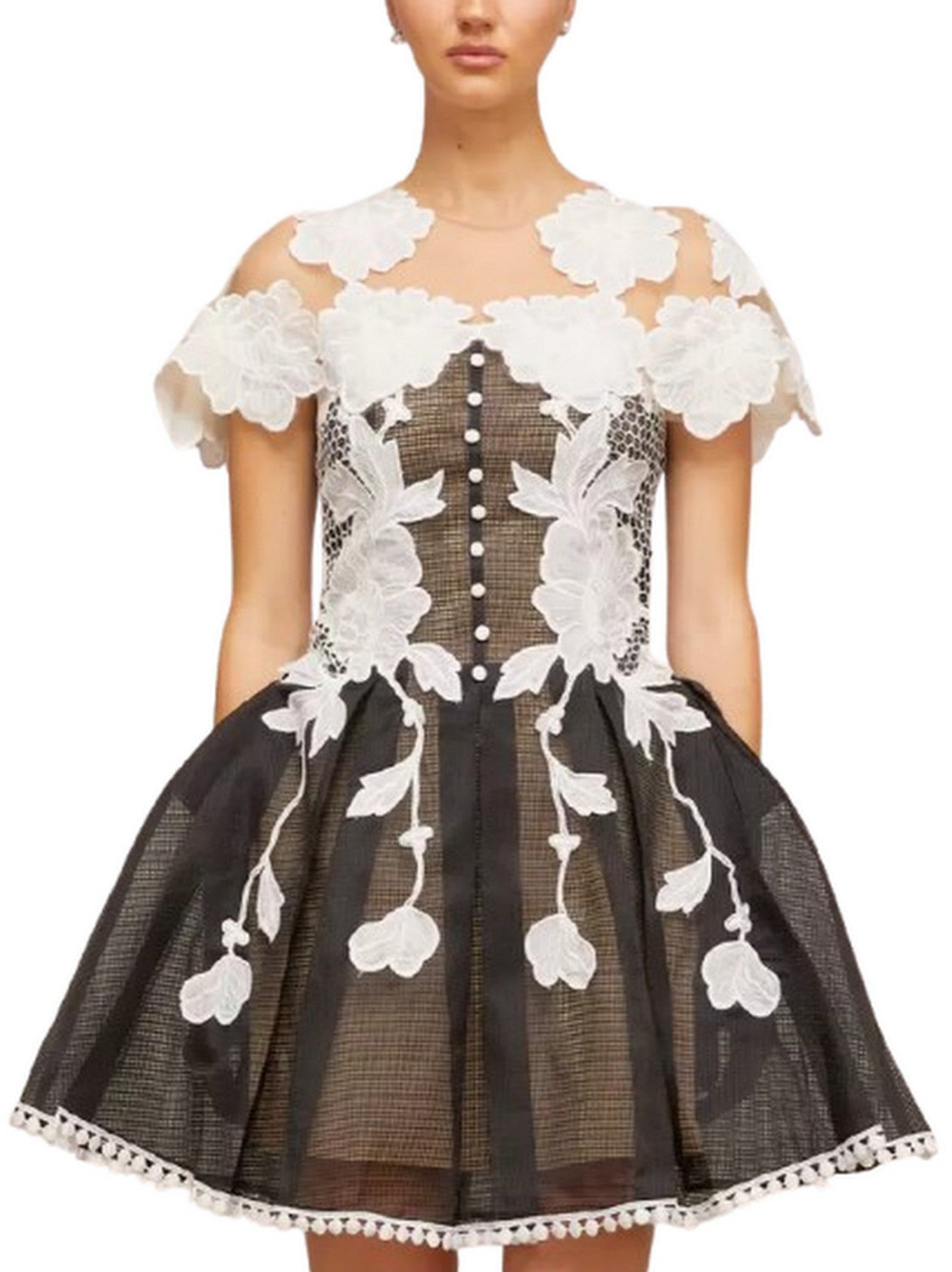 A-Line Black and White Floral-Embroidered Mesh Dress - Dresses
