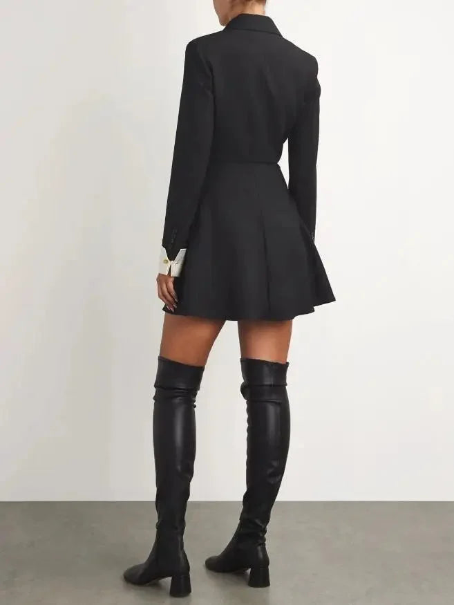 A-Line Black Blazer-Style Mini Dress with White Cuffs - Dresses