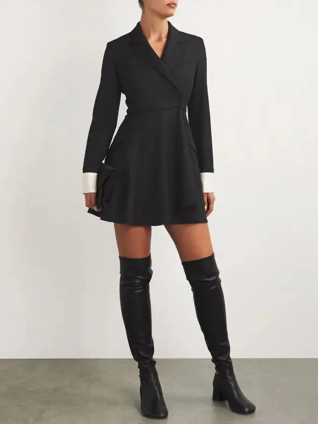 A-Line Black Blazer-Style Mini Dress with White Cuffs - Dresses