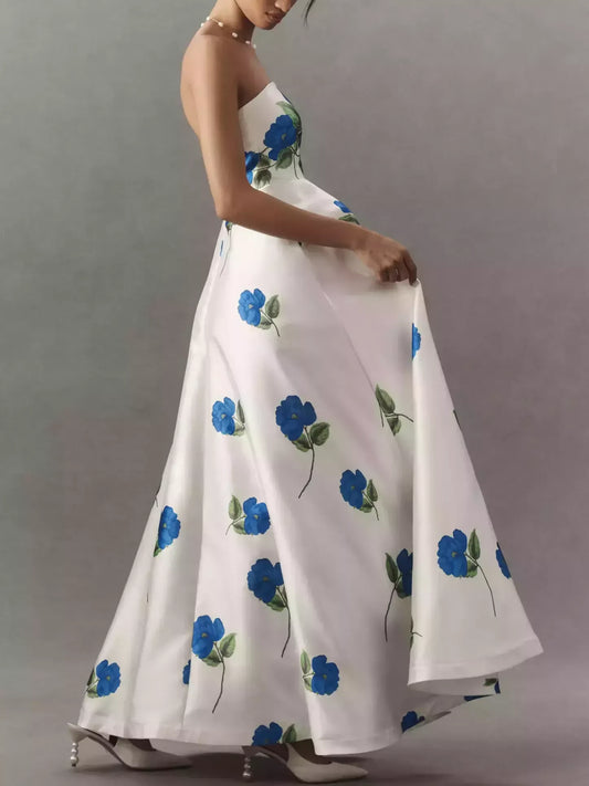 A-Line Blue Floral Print Strapless White Gown - Dresses