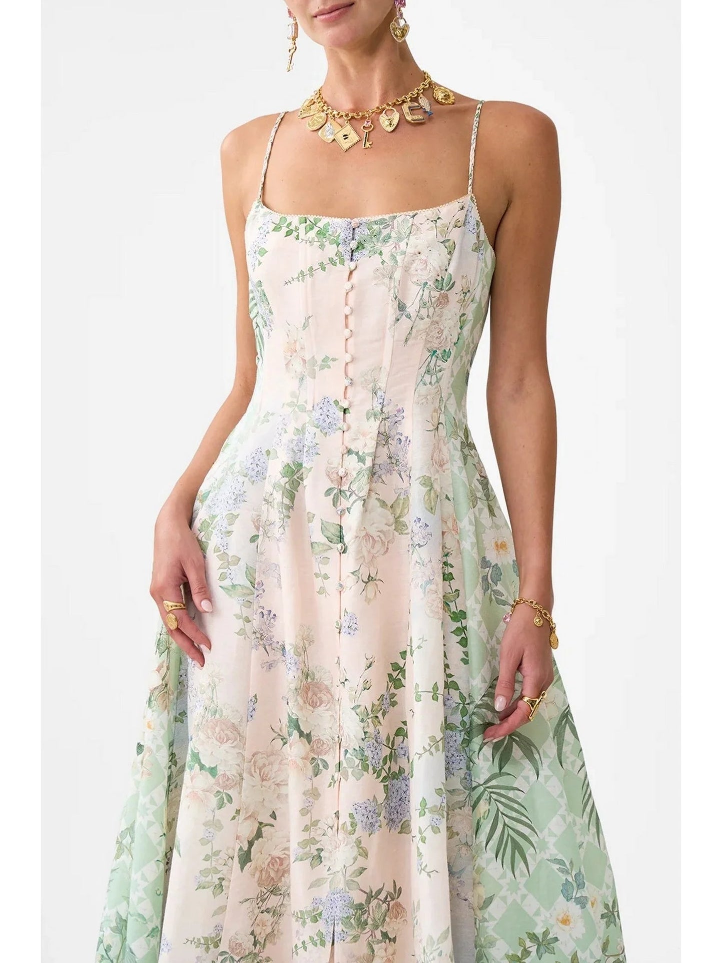 A-Line Corset Flared Dress with Garden Print - Dresses