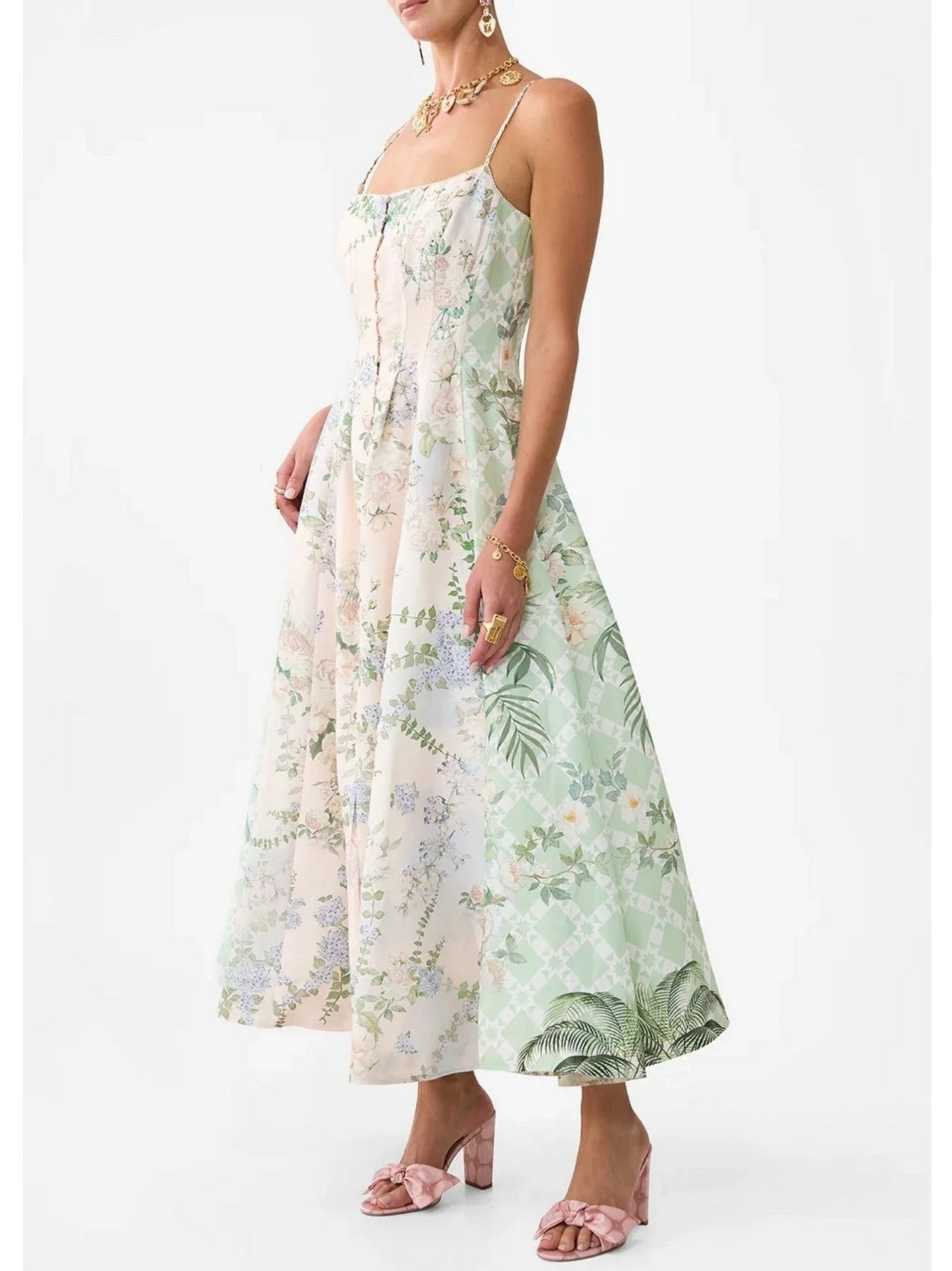 A-Line Corset Flared Dress with Garden Print - Dresses