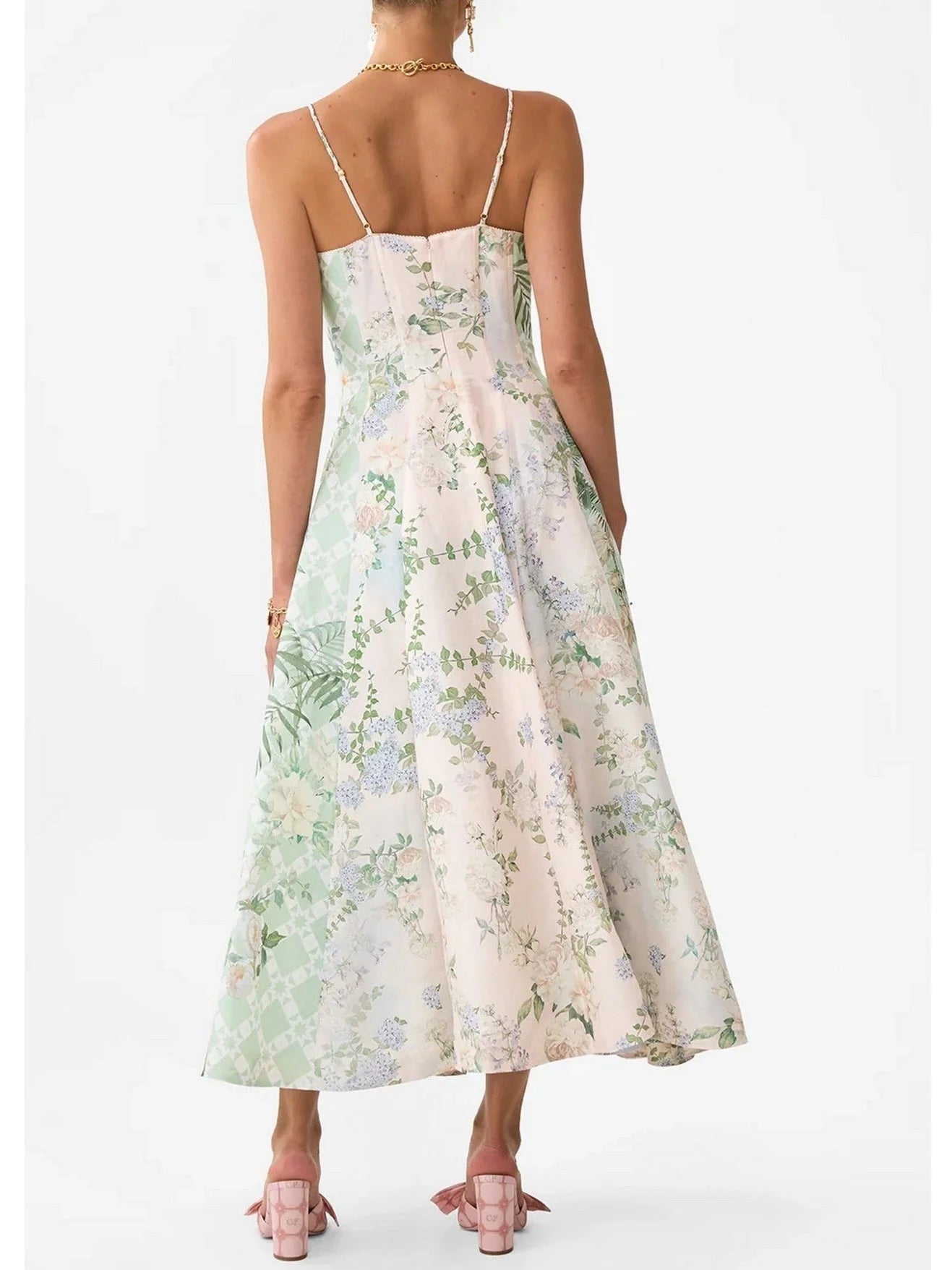 A-Line Corset Flared Dress with Garden Print - Dresses