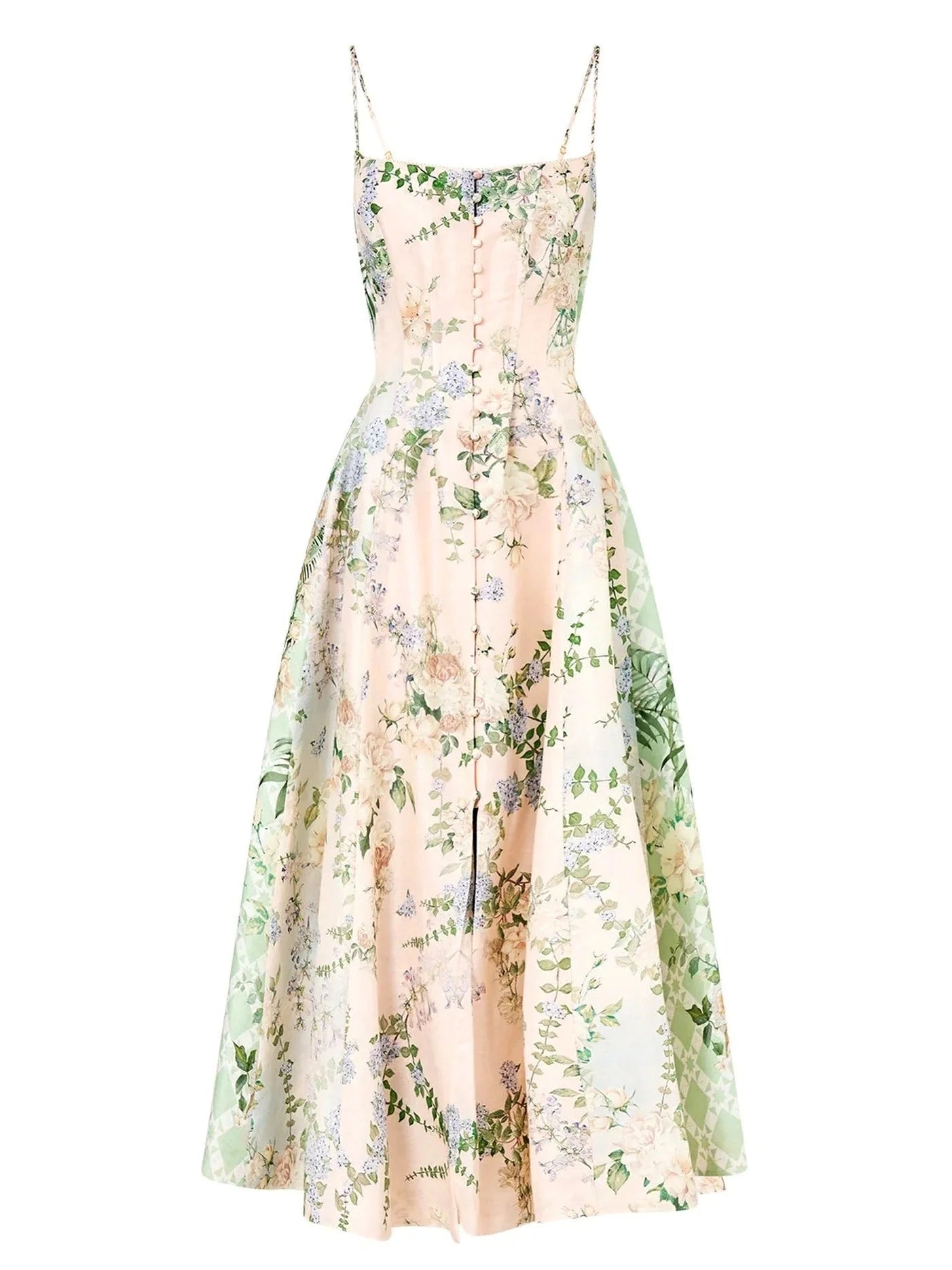 A-Line Corset Flared Dress with Garden Print - Dresses