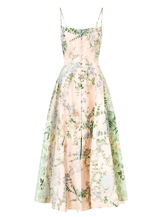 A-Line Corset Flared Dress with Garden Print - Dresses