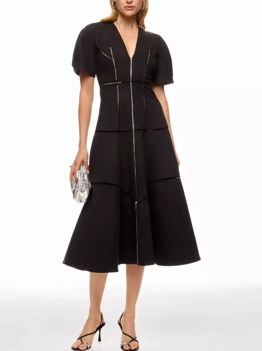 Black A-Line Cut-Out Front-Zip V-Neck Dress with silver zipper details