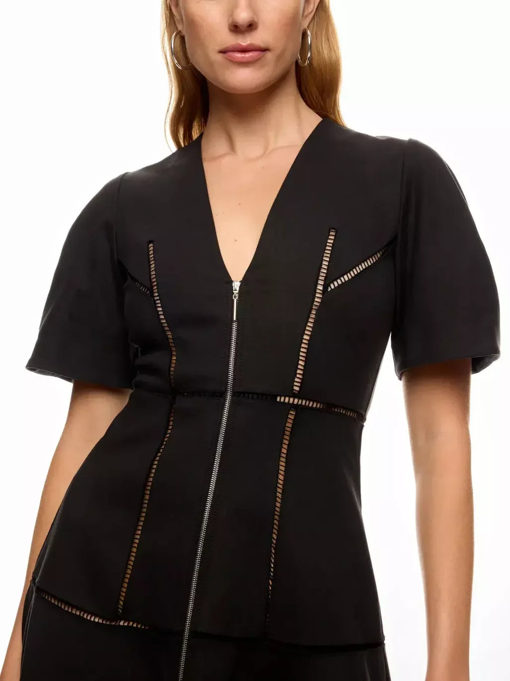 Black A-Line Cut-Out Front-Zip V-Neck Dress with silver zipper details