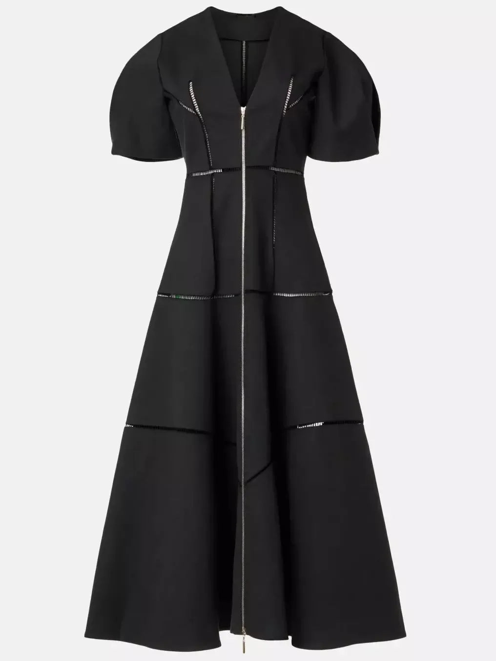 Black A-Line Cut-Out Front-Zip V-Neck Dress featuring a stylish zipper detail