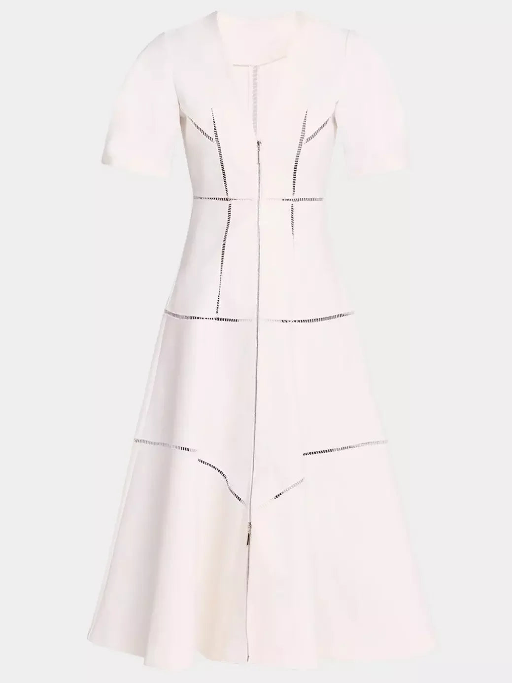 Cream-colored A-Line Cut-Out Front-Zip V-Neck Dress with puff sleeves and geometric cutouts