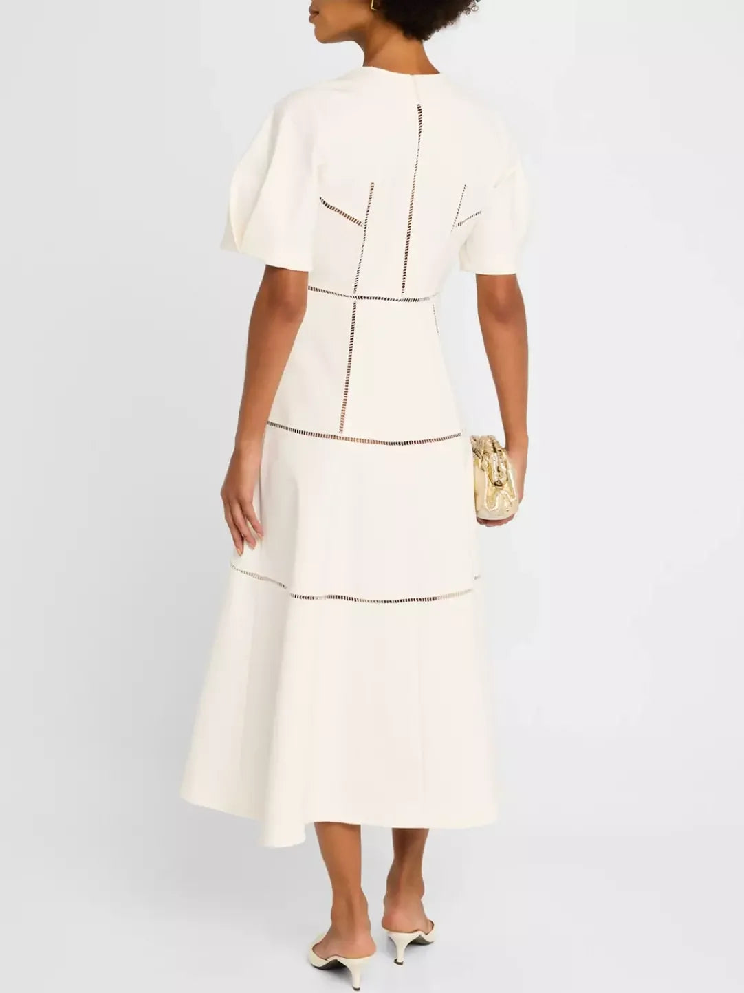 Cream-colored tiered midi dress featuring A-Line Cut-Out Front-Zip V-Neck design