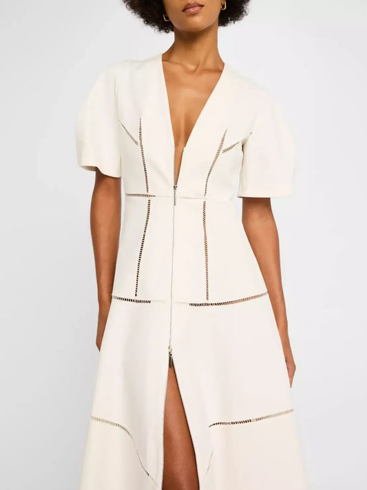 Cream-colored A-Line Cut-Out Front-Zip V-Neck Dress with puff sleeves and cutout details