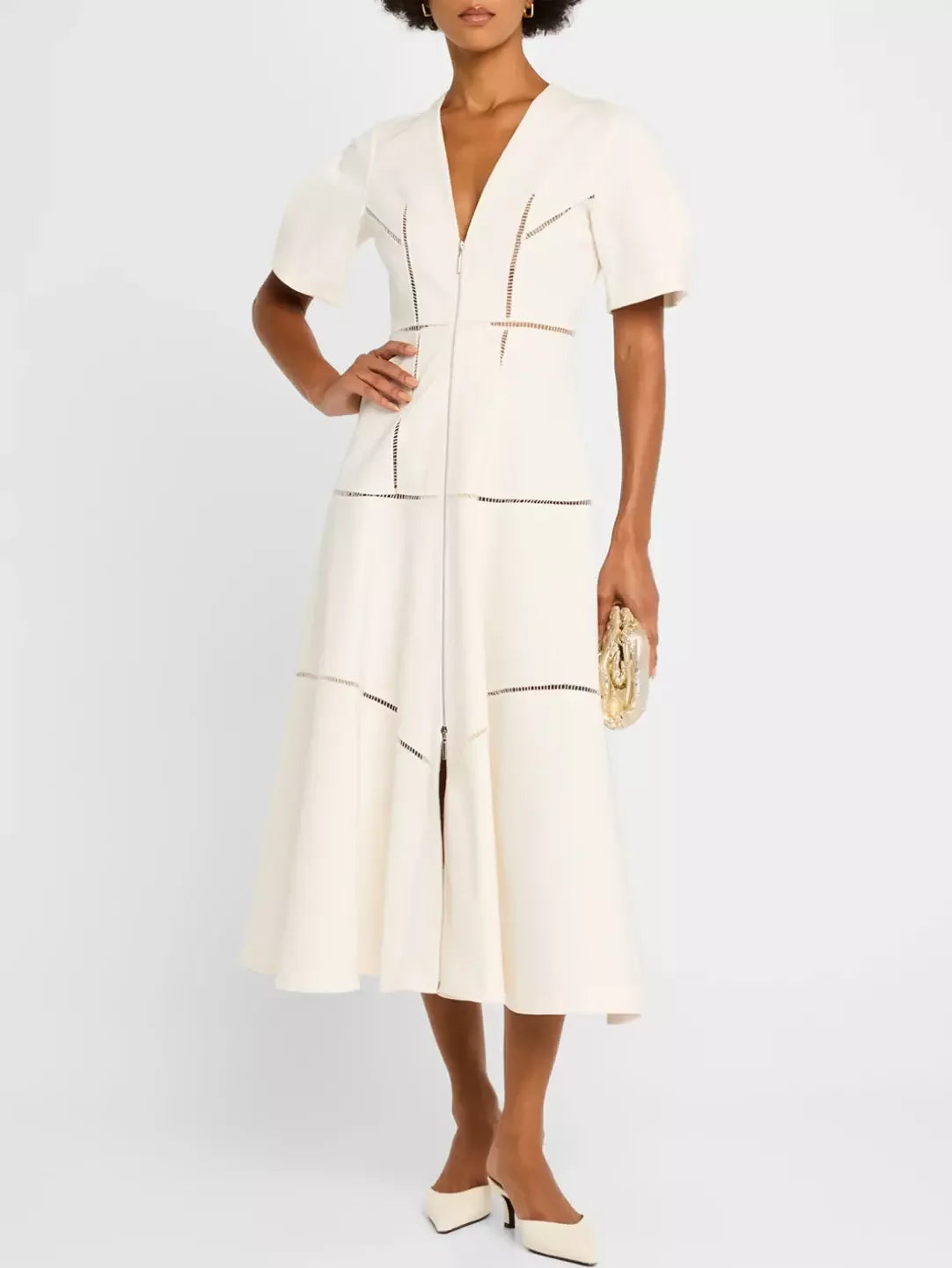 Cream-colored A-Line Cut-Out Front-Zip V-Neck Dress with puff sleeves and cutouts