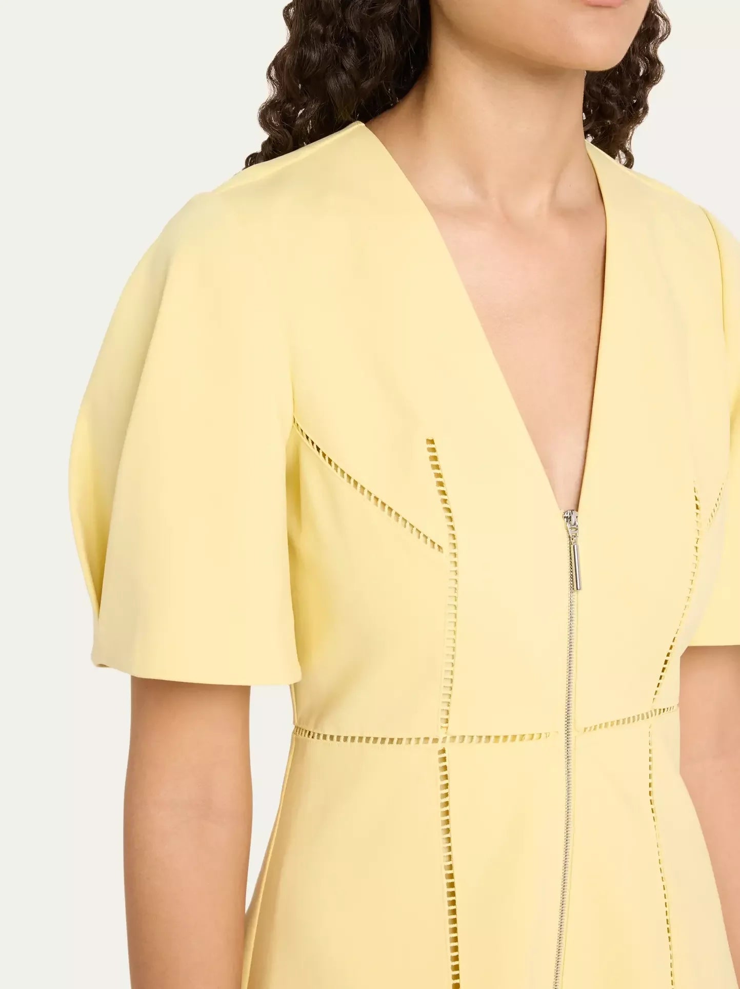 Yellow A-Line Cut-Out Front-Zip V-Neck Dress with short puff sleeves