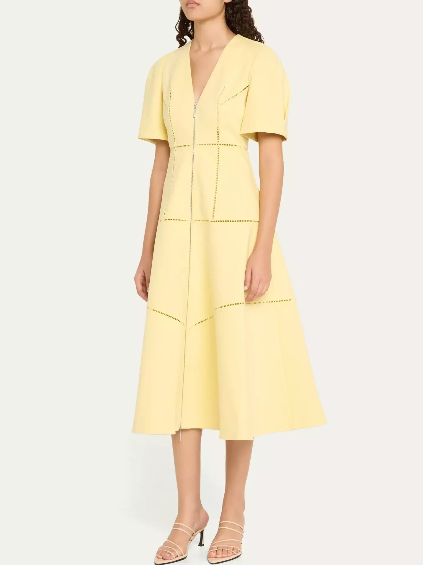 Yellow A-Line Cut-Out Front-Zip V-Neck Dress with short puff sleeves