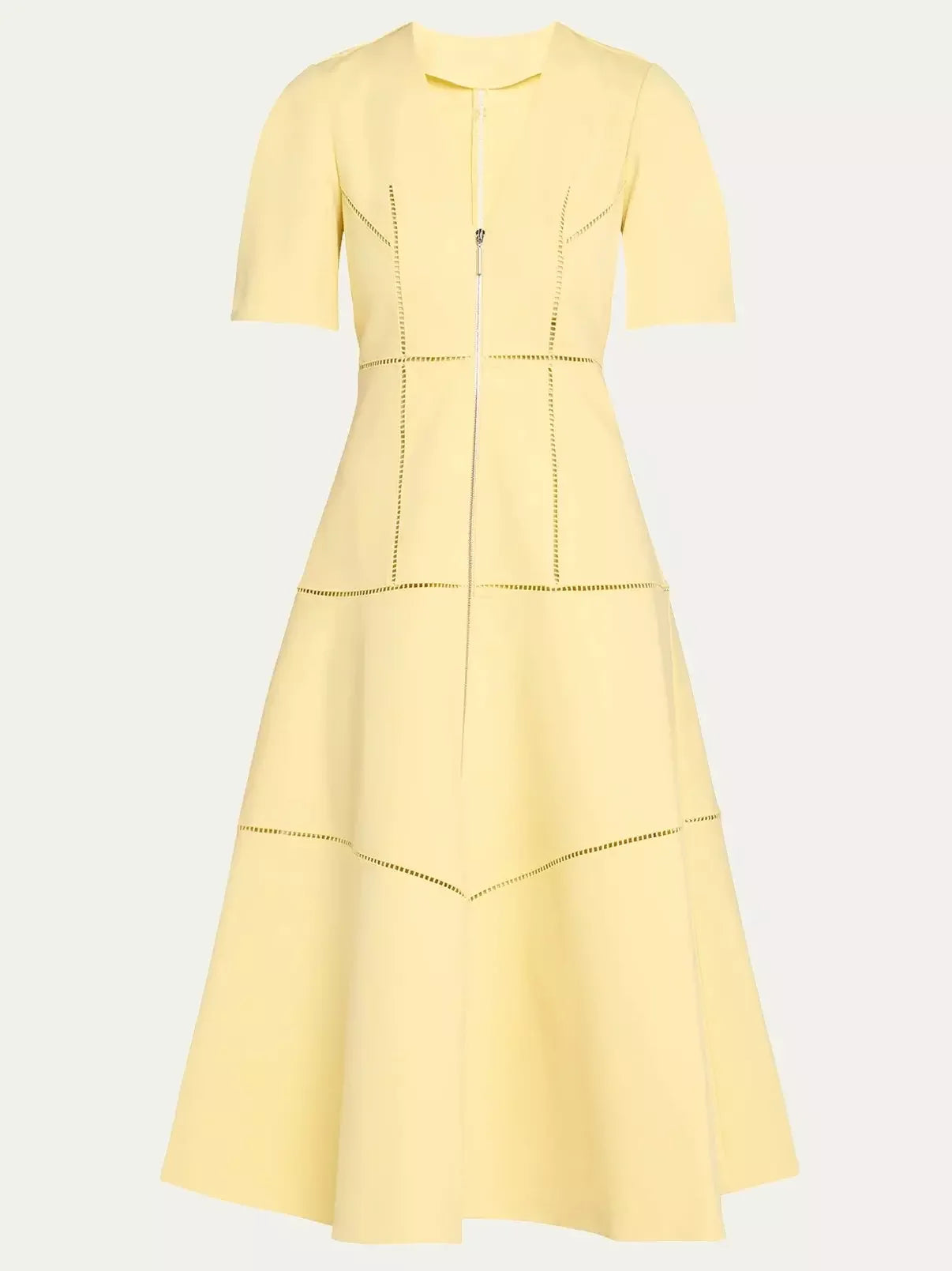 Yellow A-Line Cut-Out Front-Zip V-Neck Dress showcasing front-zip detail