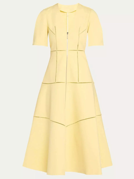 Yellow A-Line Cut-Out Front-Zip V-Neck Dress showcasing front-zip detail