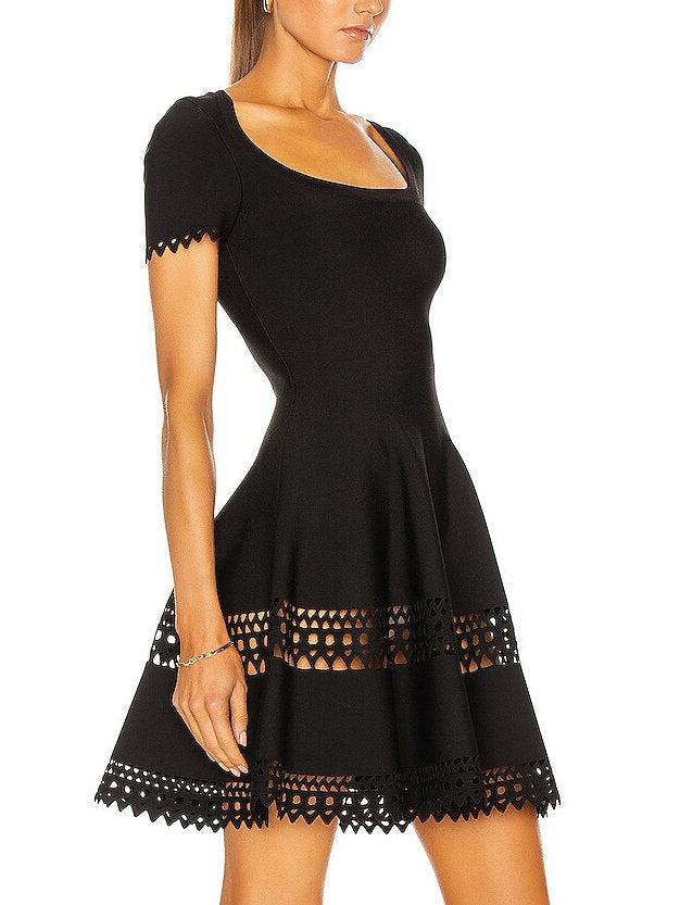 Black A-Line Cut-Out Stretch Knit Mini Dress with scalloped trim and short sleeves