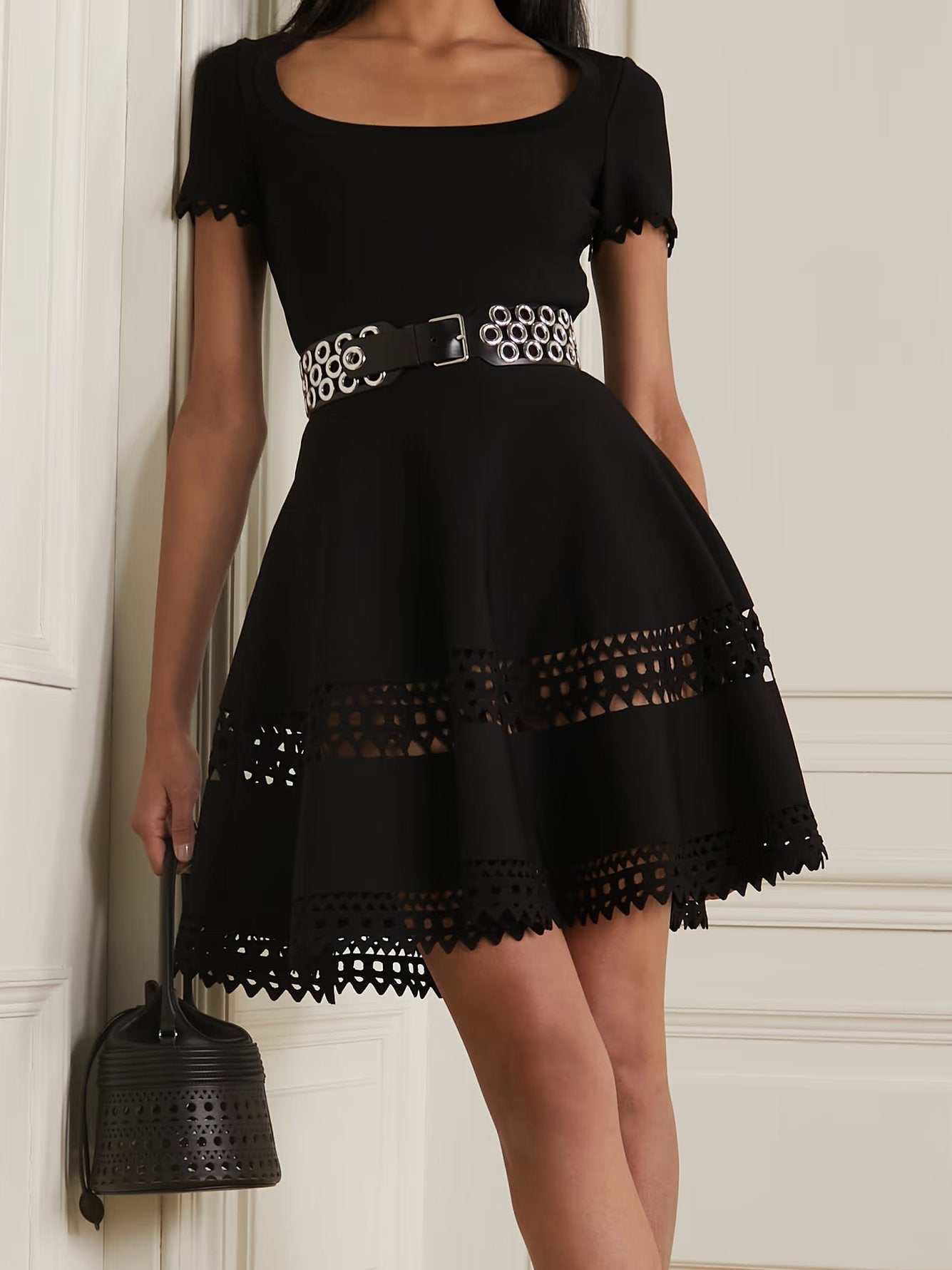 Black short-sleeved scalloped-trim stretch knit mini dress perfect for stylish occasions