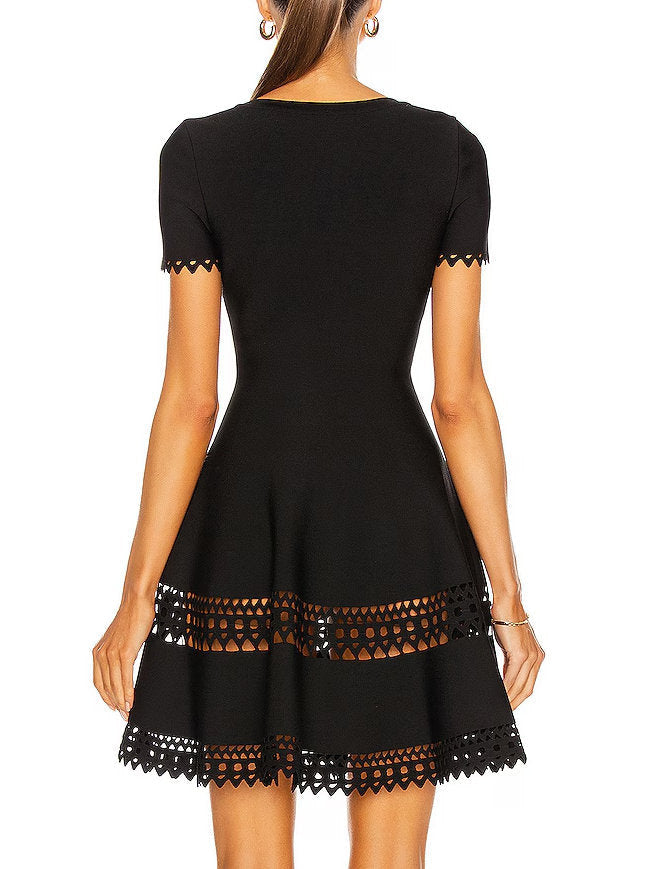 Black scalloped-edge A-Line Cut-Out Stretch Knit Mini Dress for stylish comfort