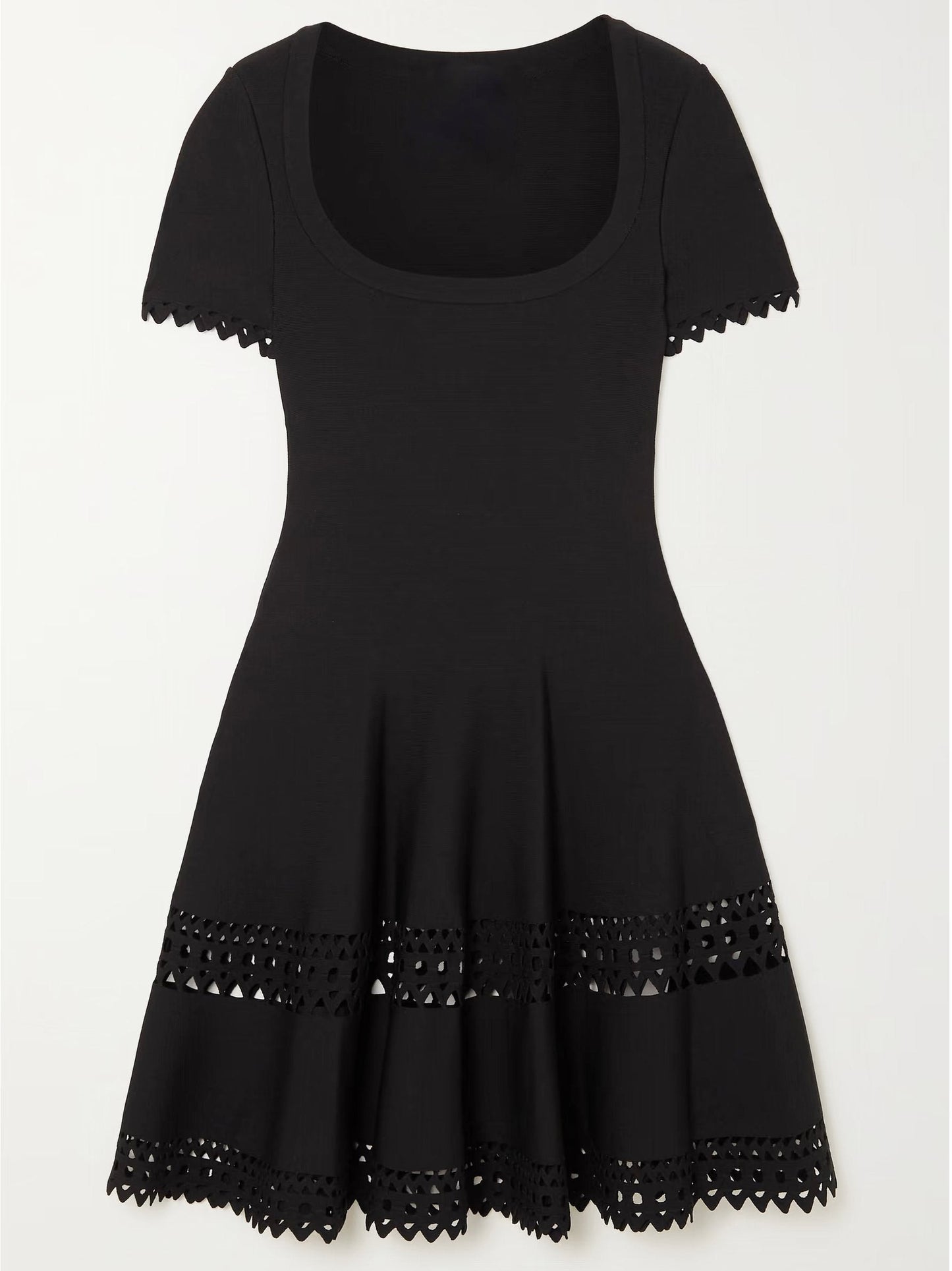 Black short-sleeved scalloped-edge A-Line Stretch Knit Mini Dress for stylish comfort