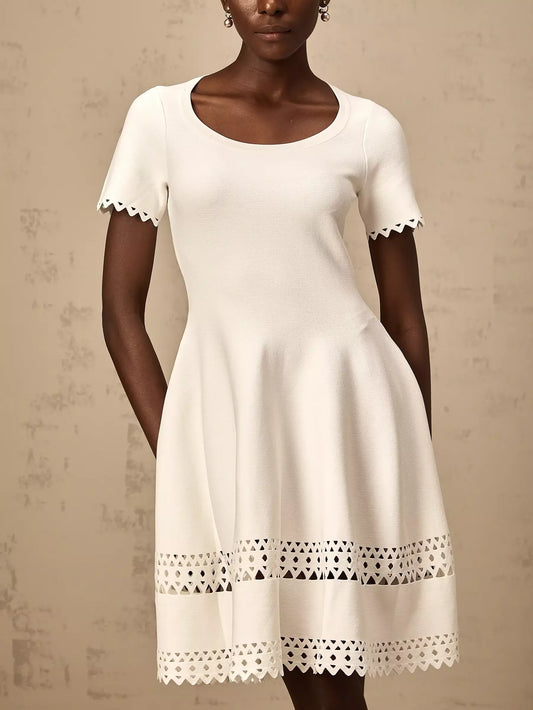 White A-Line Cut-Out Stretch Knit Mini Dress featuring short sleeves and scalloped trim