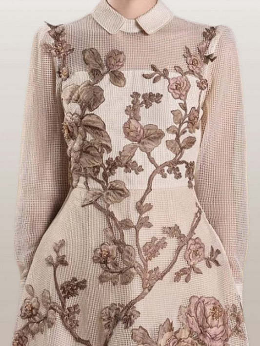 A-Line Embroidered Mesh Midi Dress - Dresses