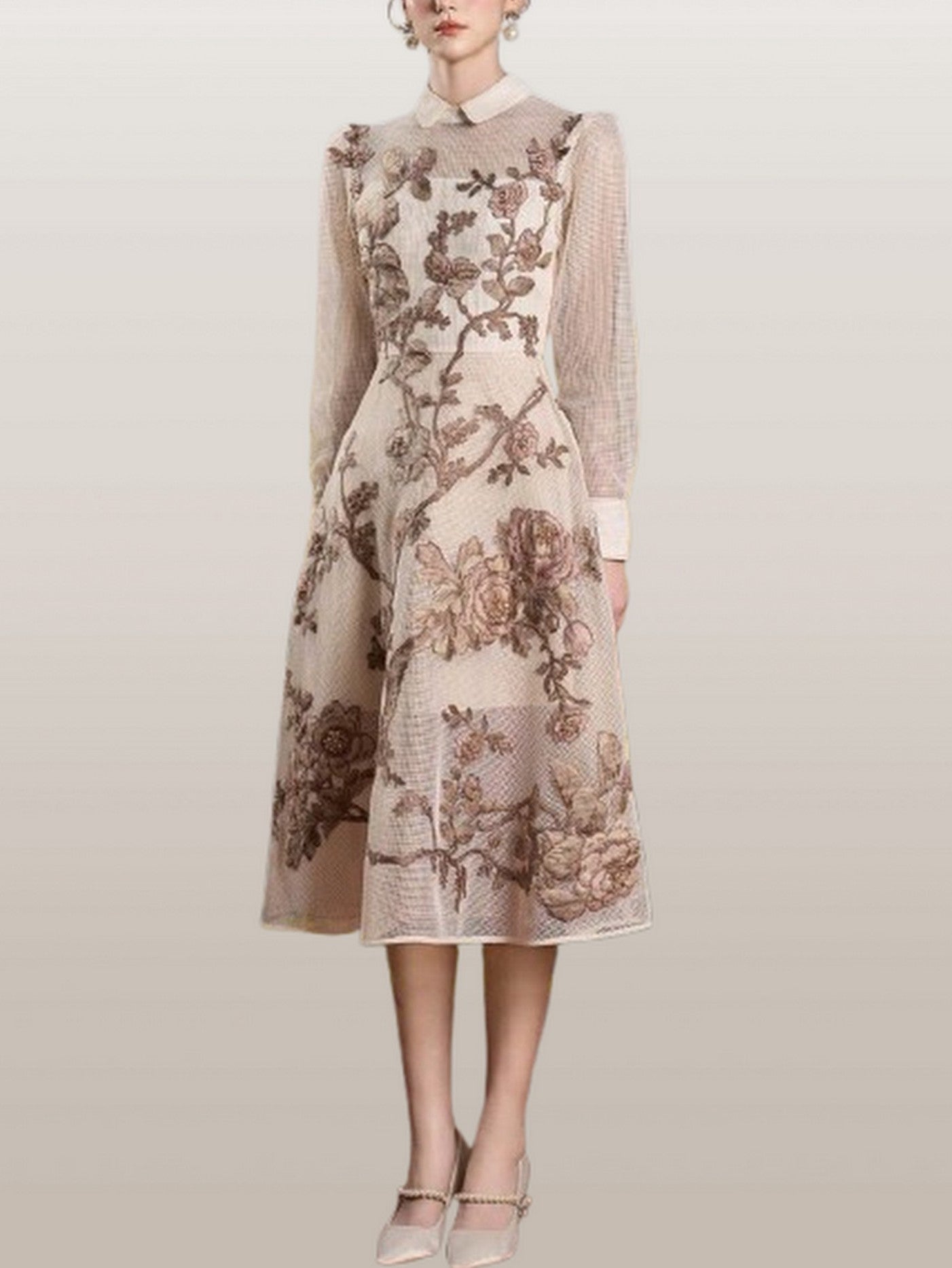 A-Line Embroidered Mesh Midi Dress - Dresses