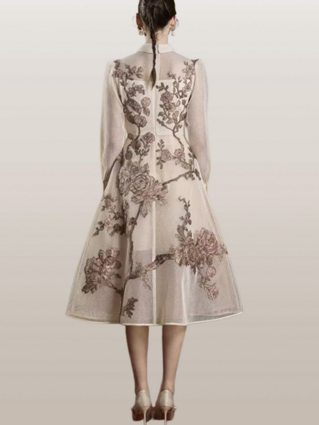 A-Line Embroidered Mesh Midi Dress - Dresses