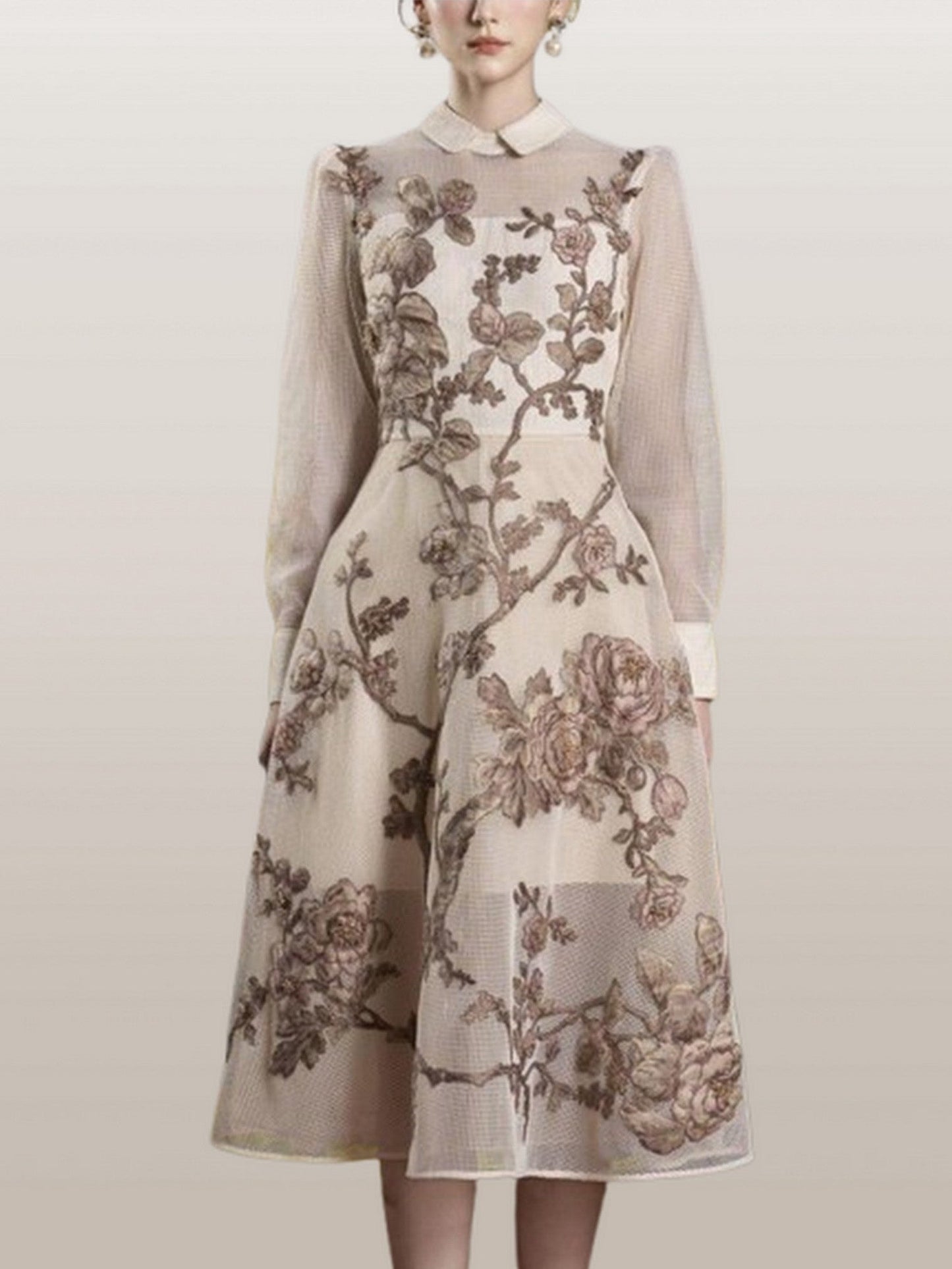 A-Line Embroidered Mesh Midi Dress - S - Dresses