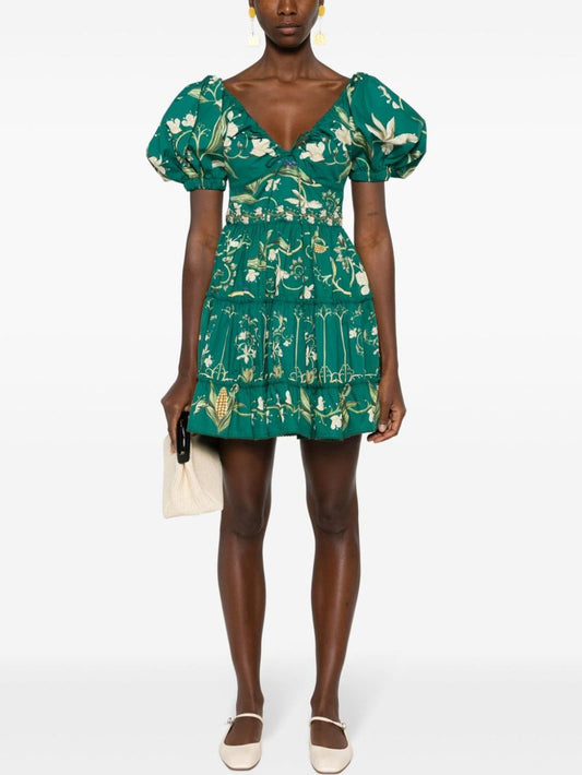 Green A-Line Embroidered Puff-Sleeve Mini Dress showcasing floral design and puff sleeves