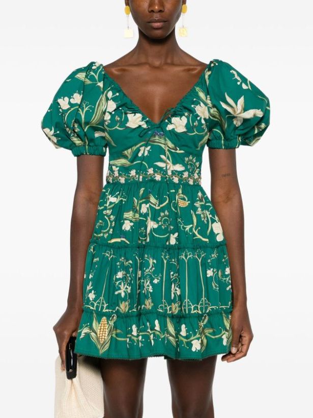 Green floral print A-Line Embroidered Puff-Sleeve Mini Dress showcasing stylish design