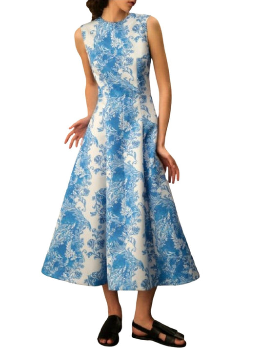A-line Floral-Print Midi Dress in Blue and White - Dresses