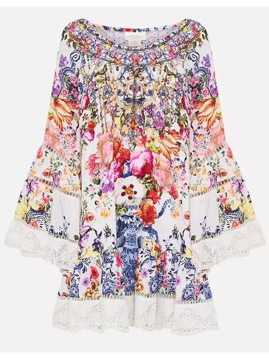 A Line Frill Dress with Floral Print - Dresses