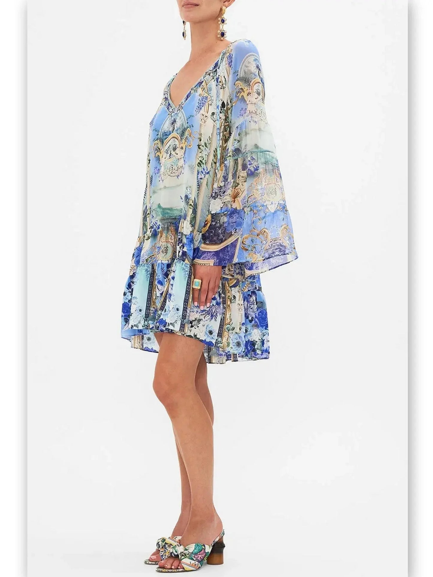 A-Line Gathered Panel V-Neck Print Dress - Dresses