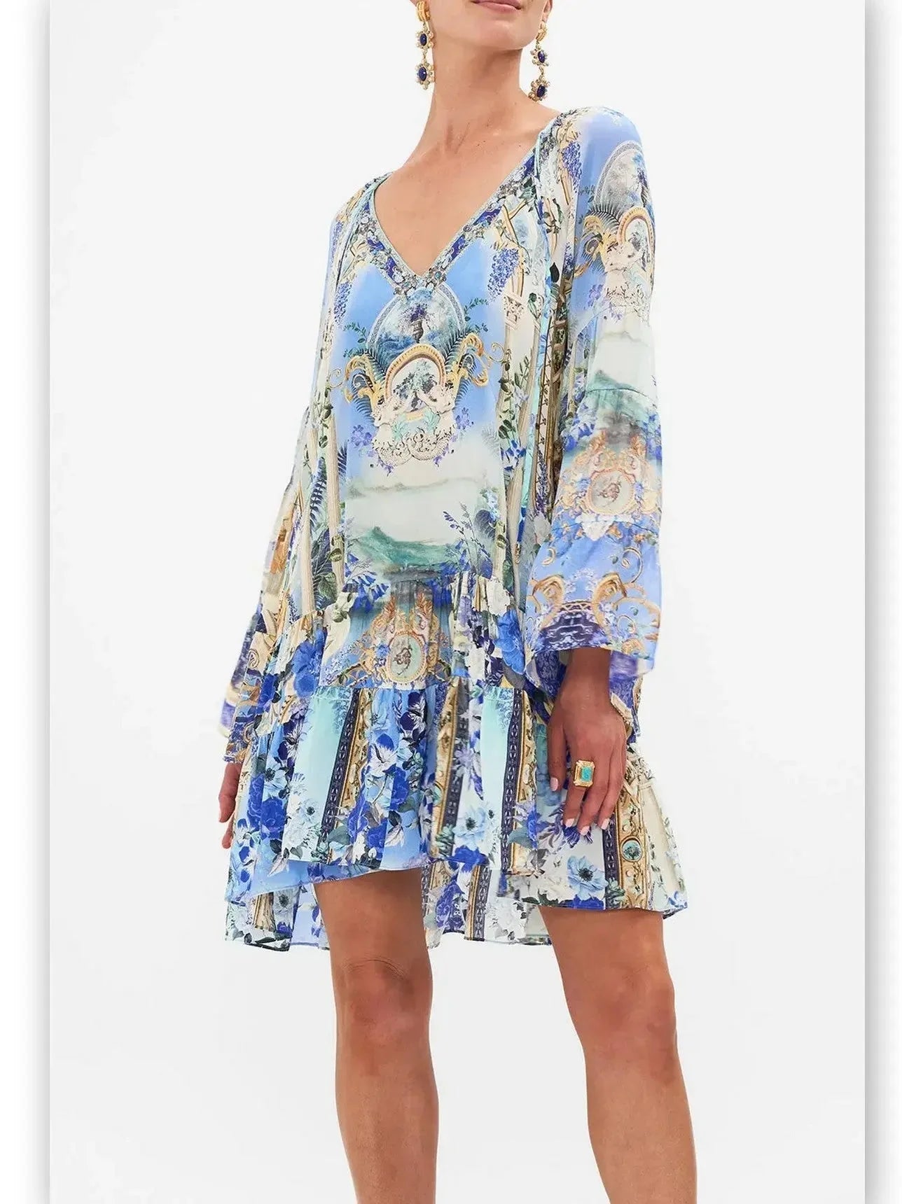 A-Line Gathered Panel V-Neck Print Dress - Dresses