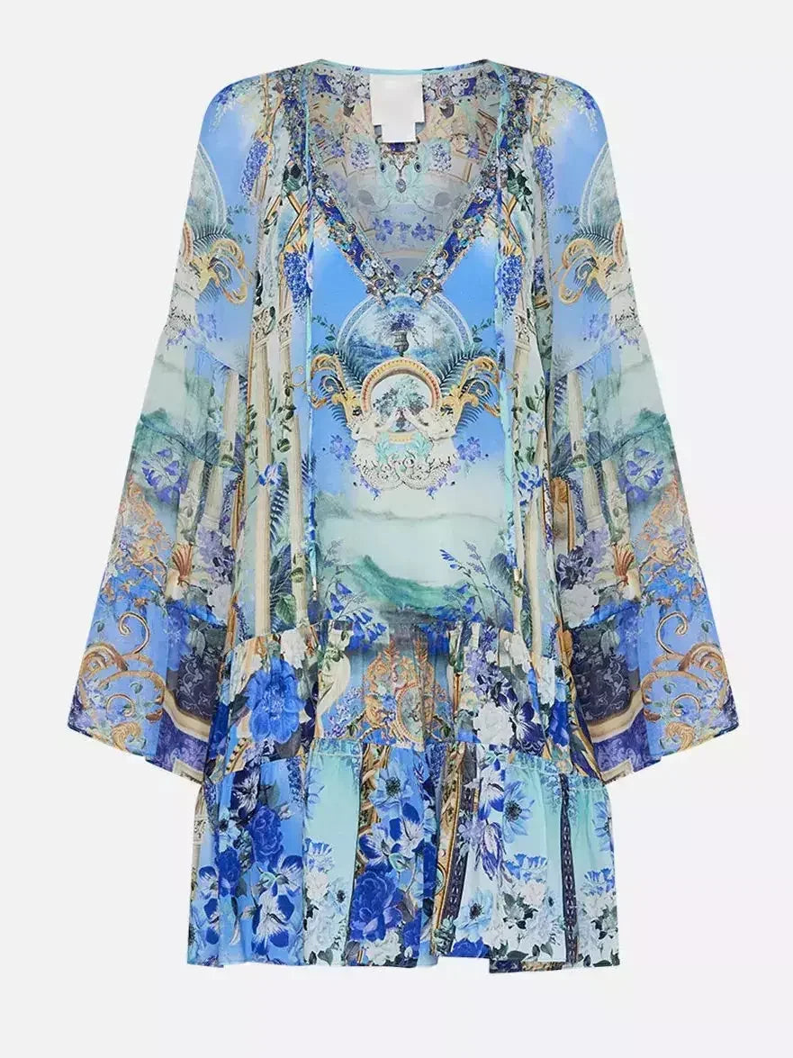 A-Line Gathered Panel V-Neck Print Dress - Dresses