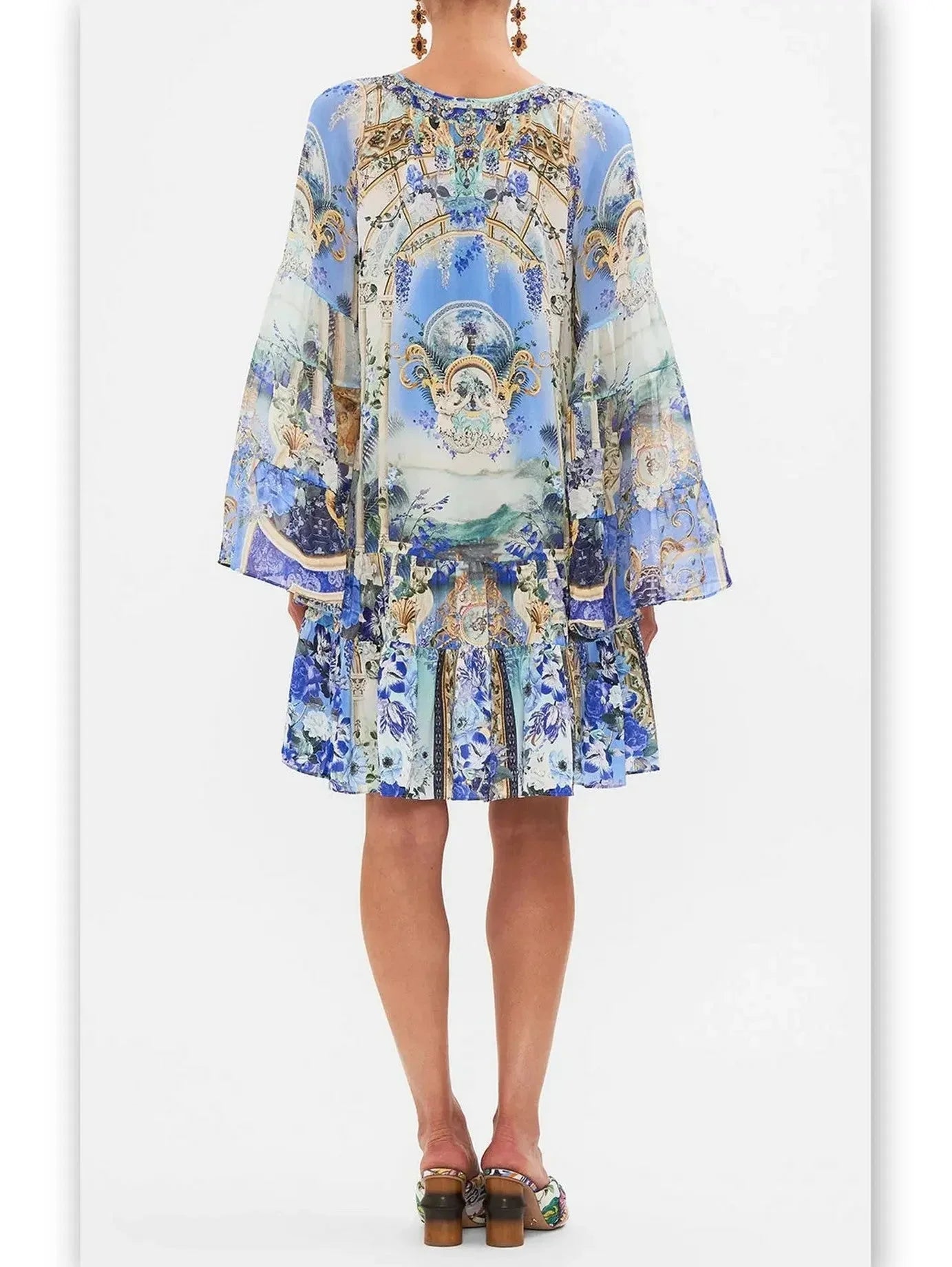 A-Line Gathered Panel V-Neck Print Dress - Dresses