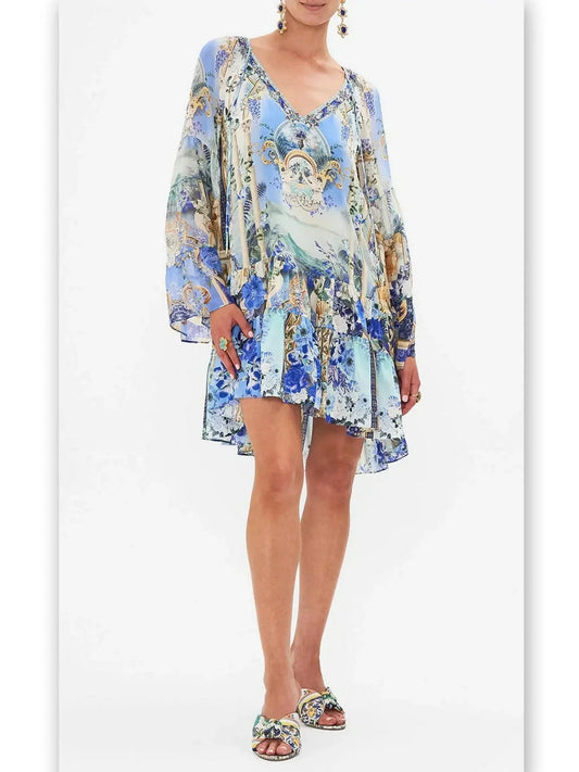 A-Line Gathered Panel V-Neck Print Dress - Dresses