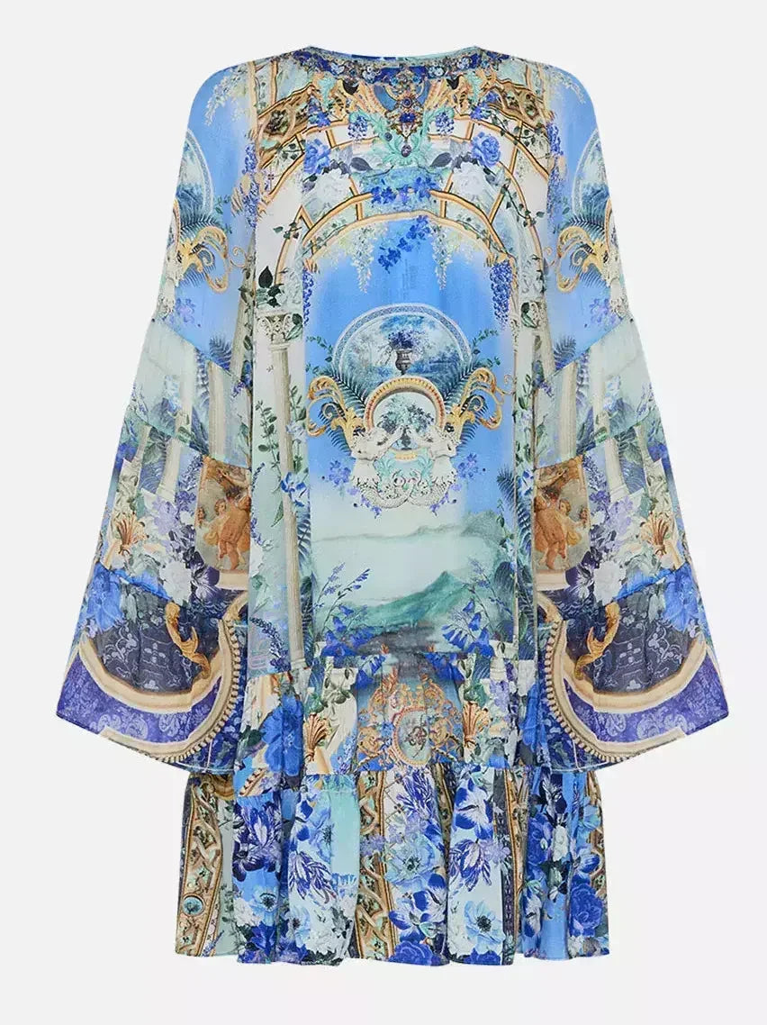 A-Line Gathered Panel V-Neck Print Dress - Dresses